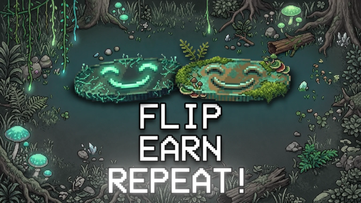 Coin Flip forest coin artwork with the words Flip, Earn, Repeat